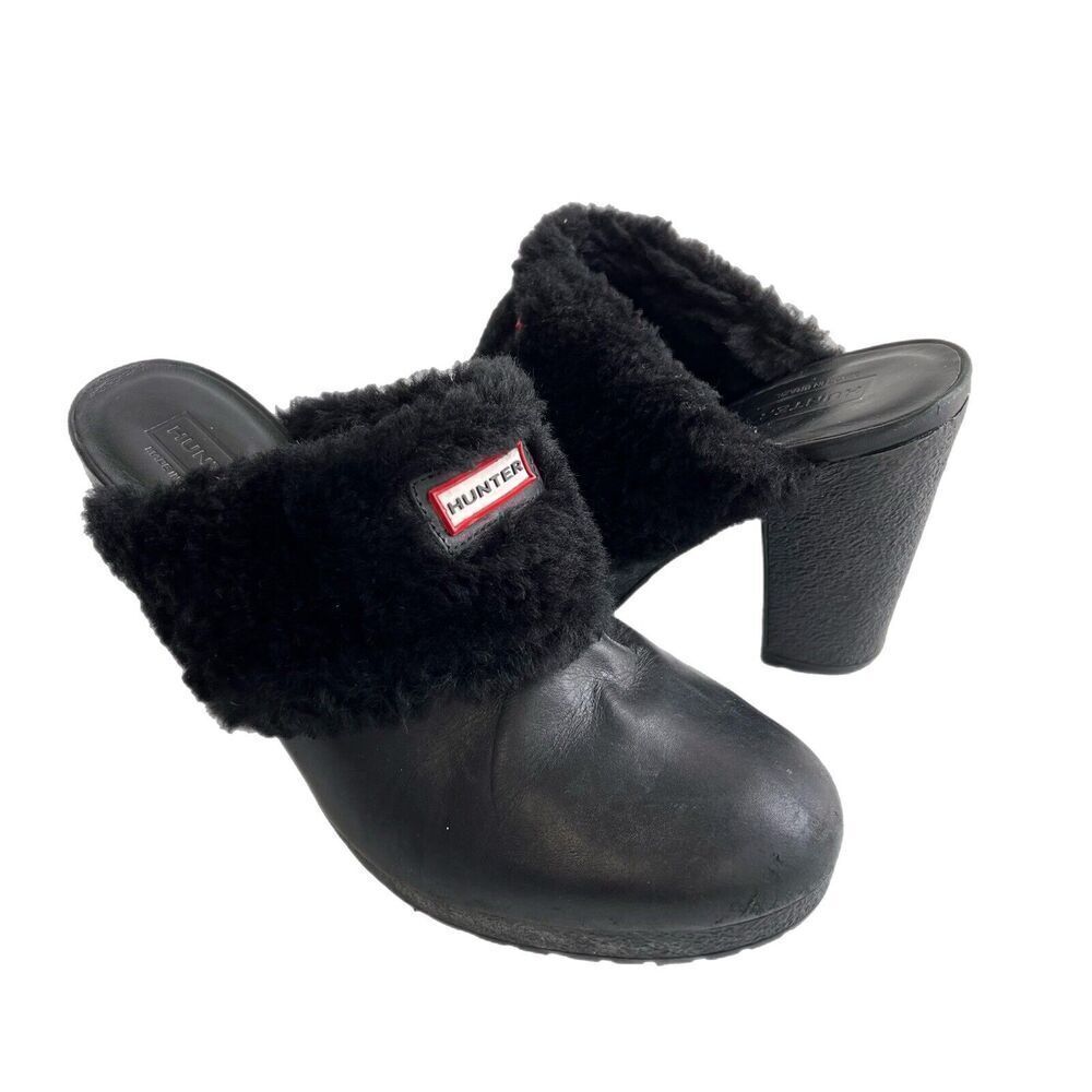 Hunter Bruson Shearling Lined Leather Clogs Heels Mules Size 10 Black